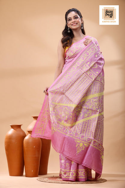 Pure Pink Dye Gachi Tussar White Color Thread Work Kantha Stitch Saree