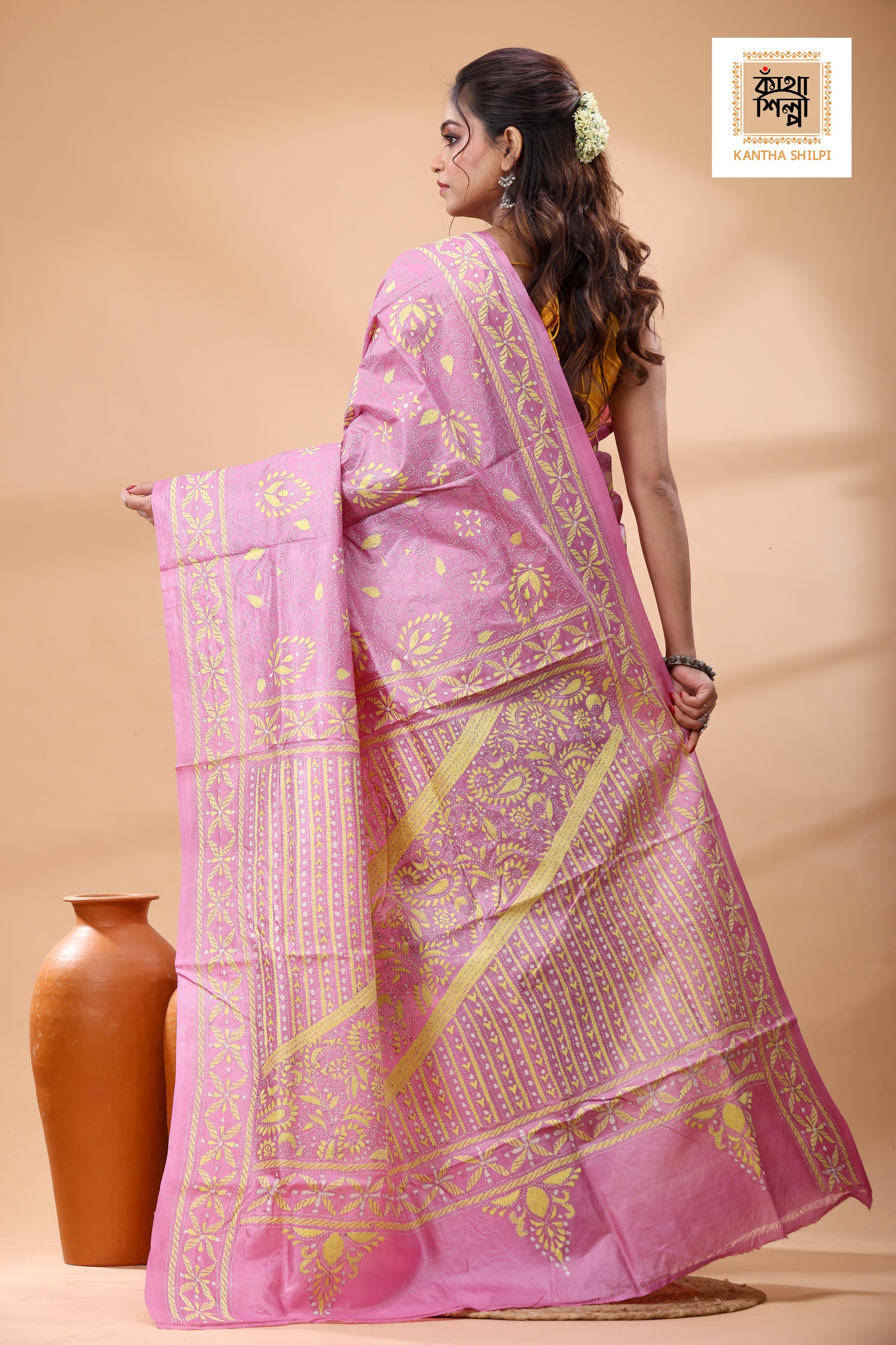 Pure Pink Dye Gachi Tussar White Color Thread Work Kantha Stitch Saree