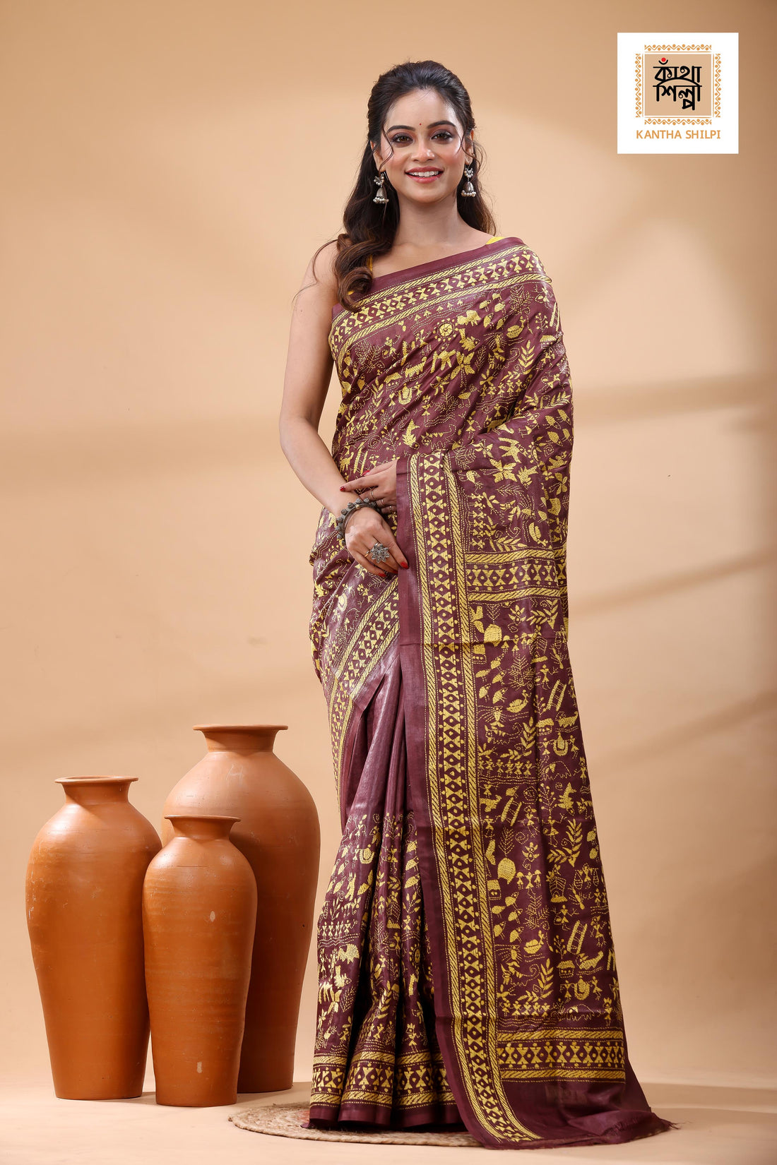 Pure Maroon Dye Gachi Tussar Yellow Color Thread Work Kantha Stitch Saree