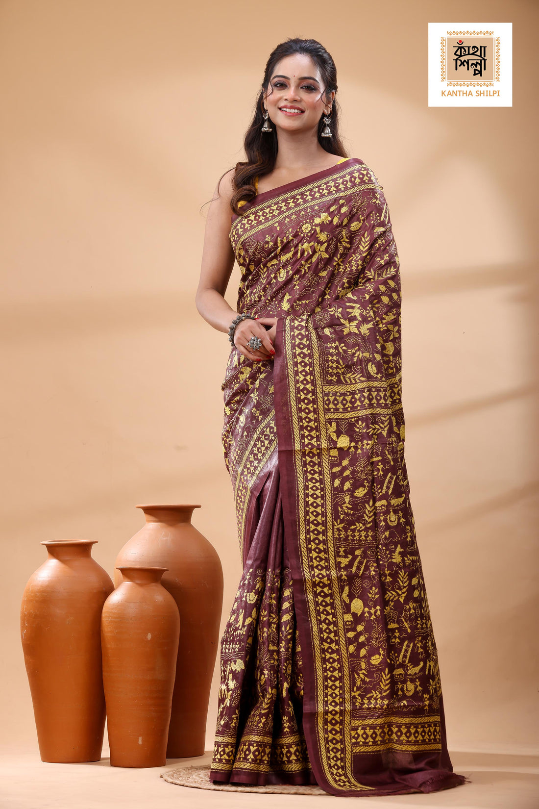 Pure Maroon Dye Gachi Tussar Yellow Color Thread Work Kantha Stitch Saree