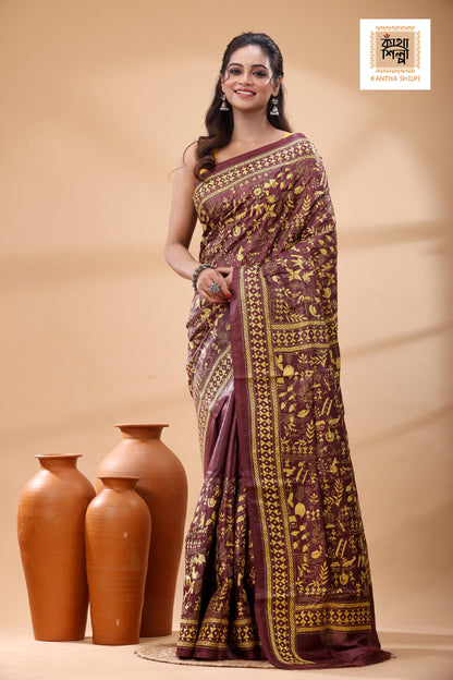 Pure Maroon Dye Gachi Tussar Yellow Color Thread Work Kantha Stitch Saree