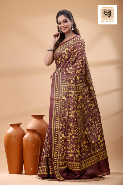 Pure Maroon Dye Gachi Tussar Yellow Color Thread Work Kantha Stitch Saree
