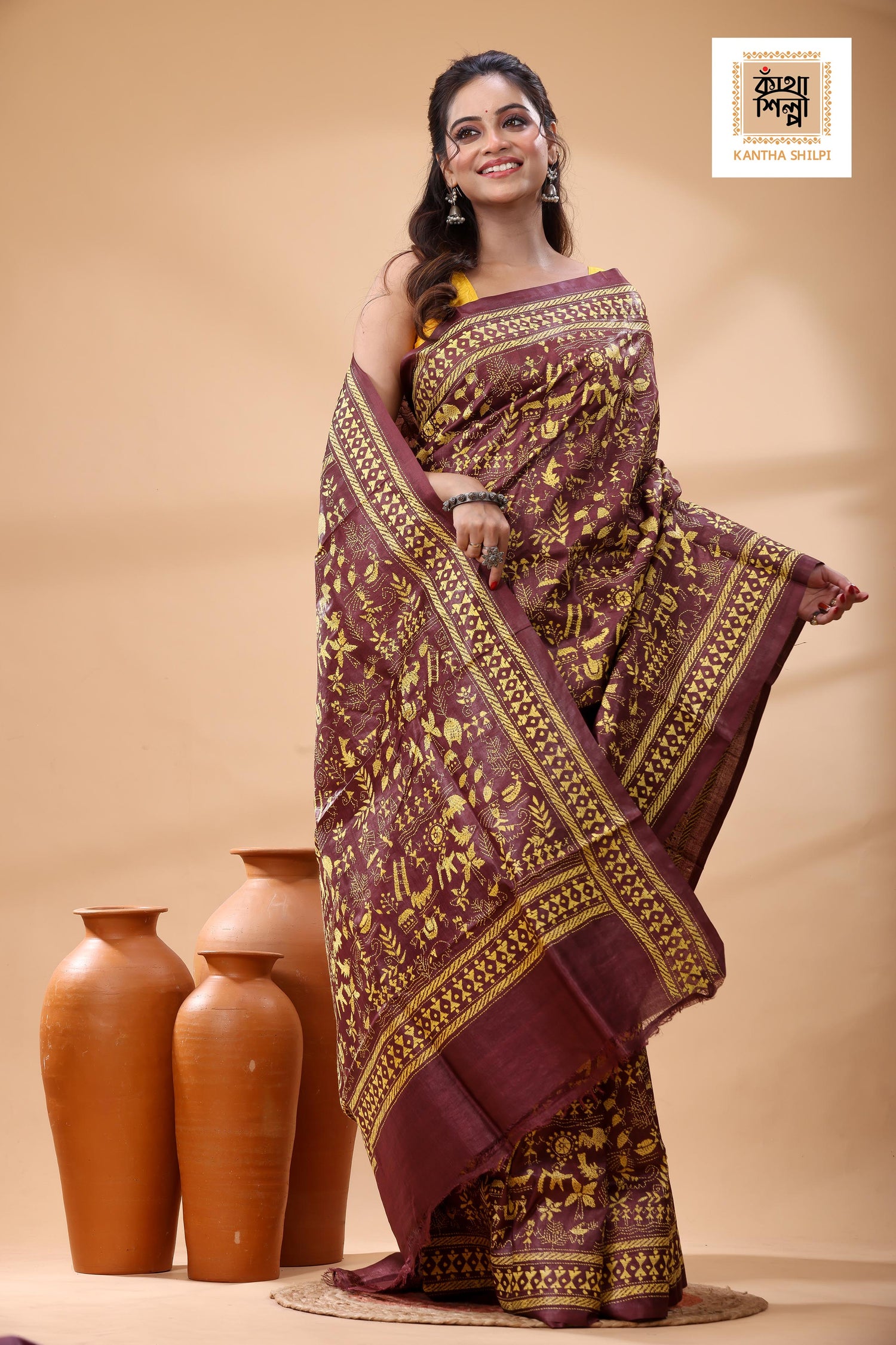 Pure Maroon Dye Gachi Tussar Yellow Color Thread Work Kantha Stitch Saree
