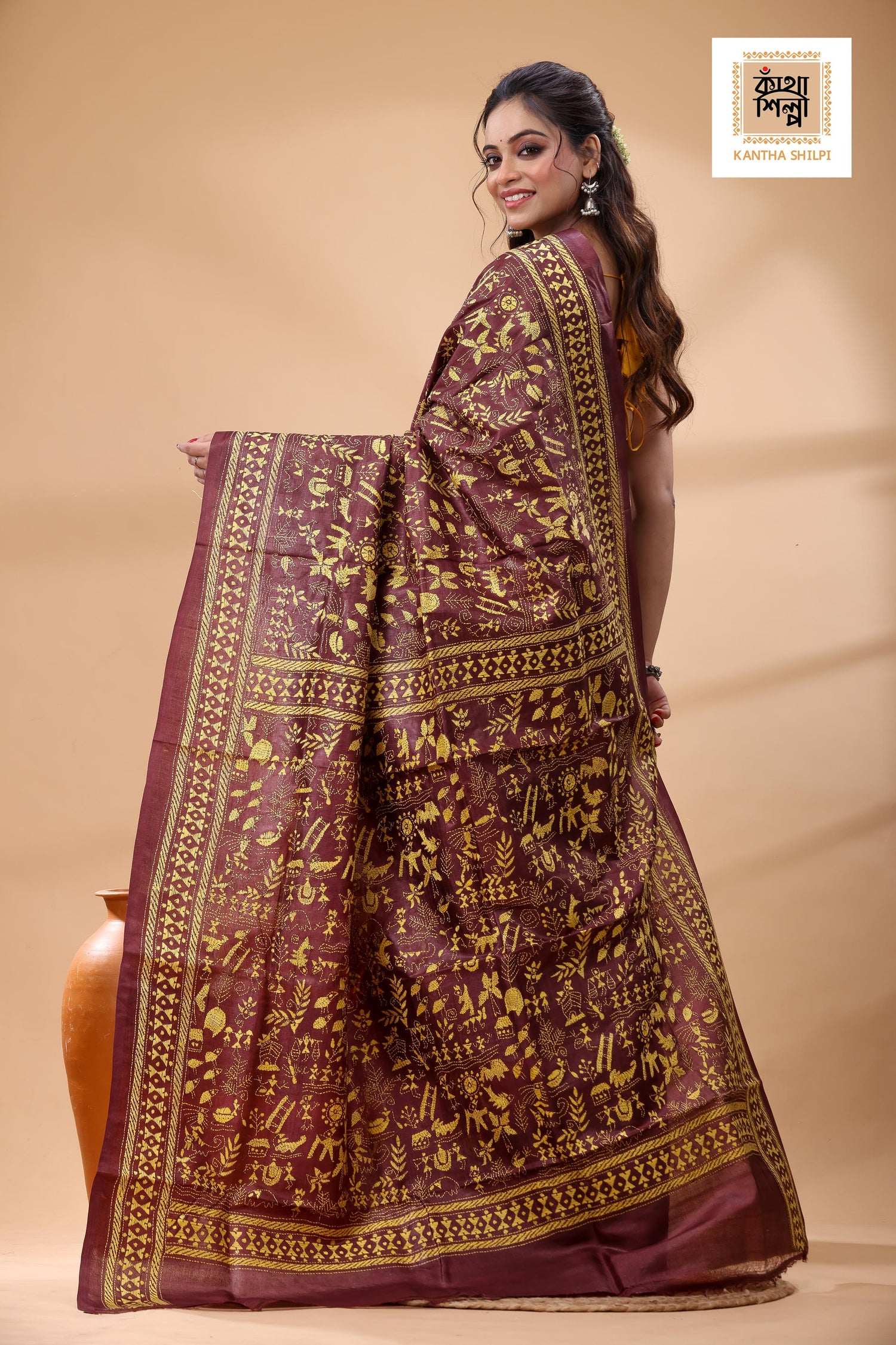 Pure Maroon Dye Gachi Tussar Yellow Color Thread Work Kantha Stitch Saree