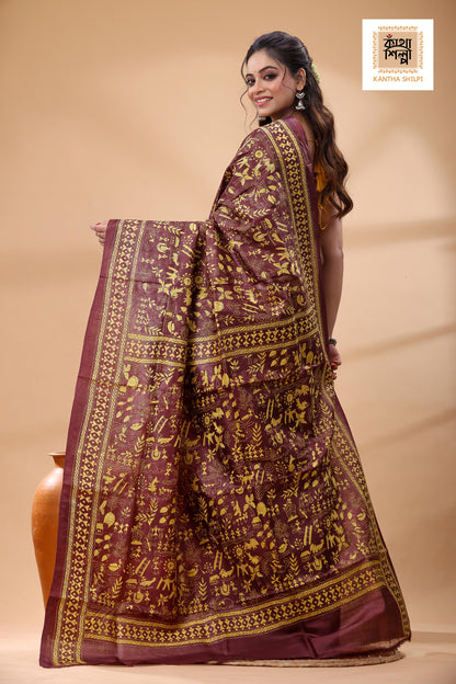 Pure Maroon Dye Gachi Tussar Yellow Color Thread Work Kantha Stitch Saree