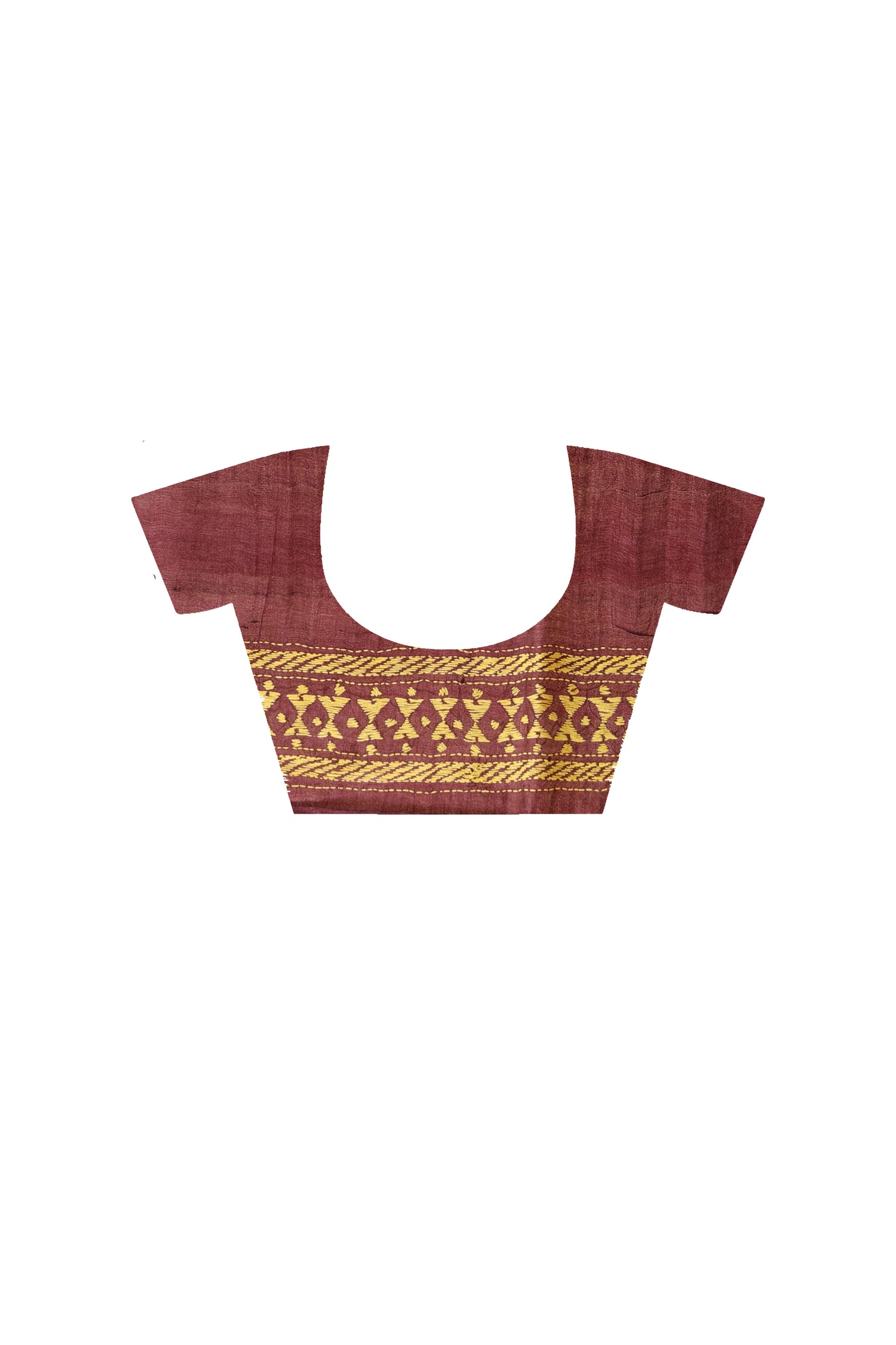 Pure Maroon Dye Gachi Tussar Yellow Color Thread Work Kantha Stitch Saree