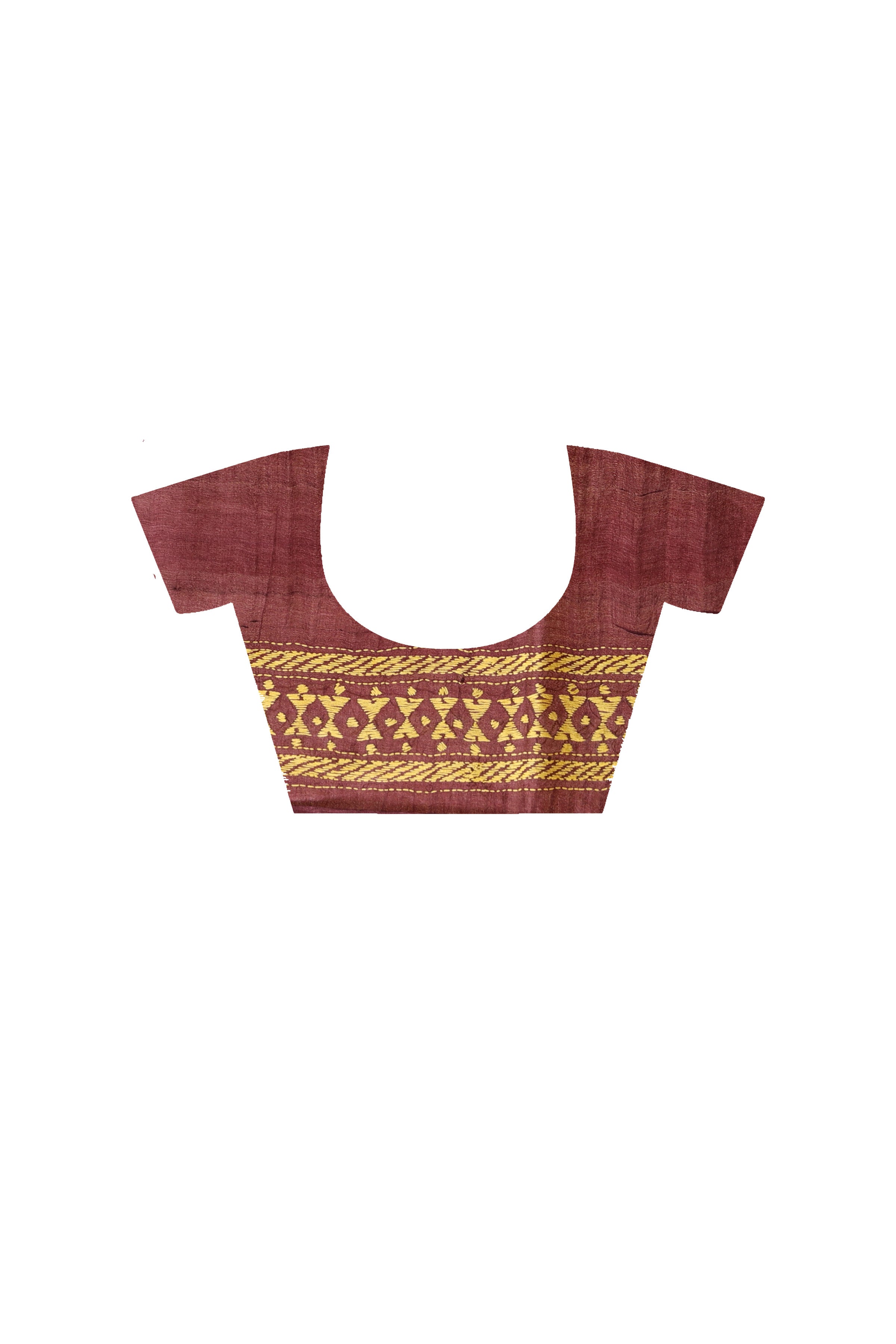 Pure Maroon Dye Gachi Tussar Yellow Color Thread Work Kantha Stitch Saree