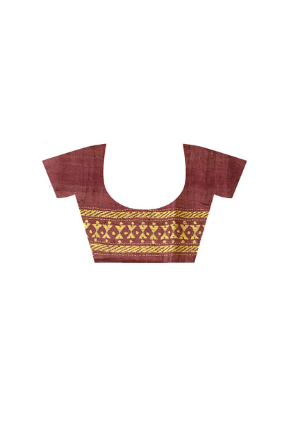 Pure Maroon Dye Gachi Tussar Yellow Color Thread Work Kantha Stitch Saree