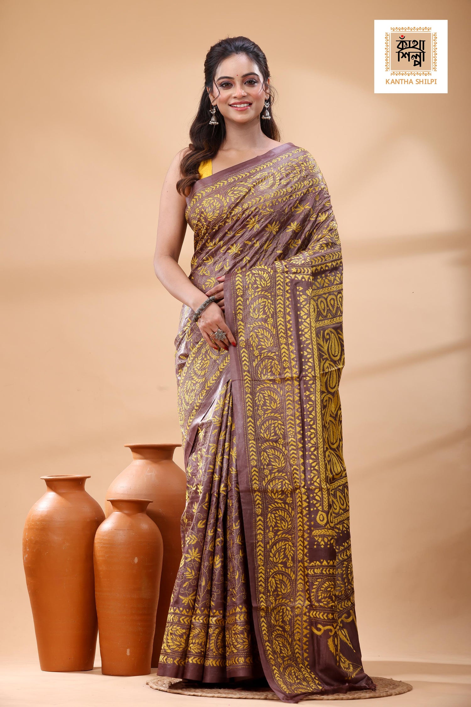 Pure Dye Gachi Tussar Yellow Color Thread Work Kantha Stitch Saree
