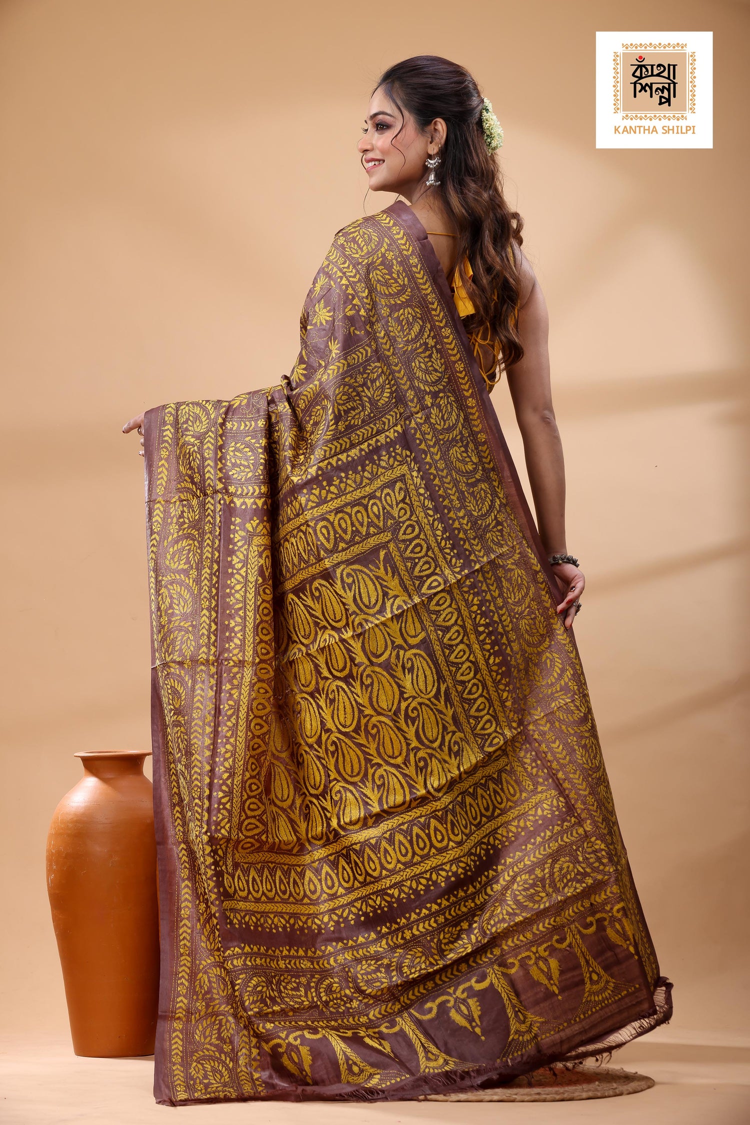 Pure Dye Gachi Tussar Yellow Color Thread Work Kantha Stitch Saree