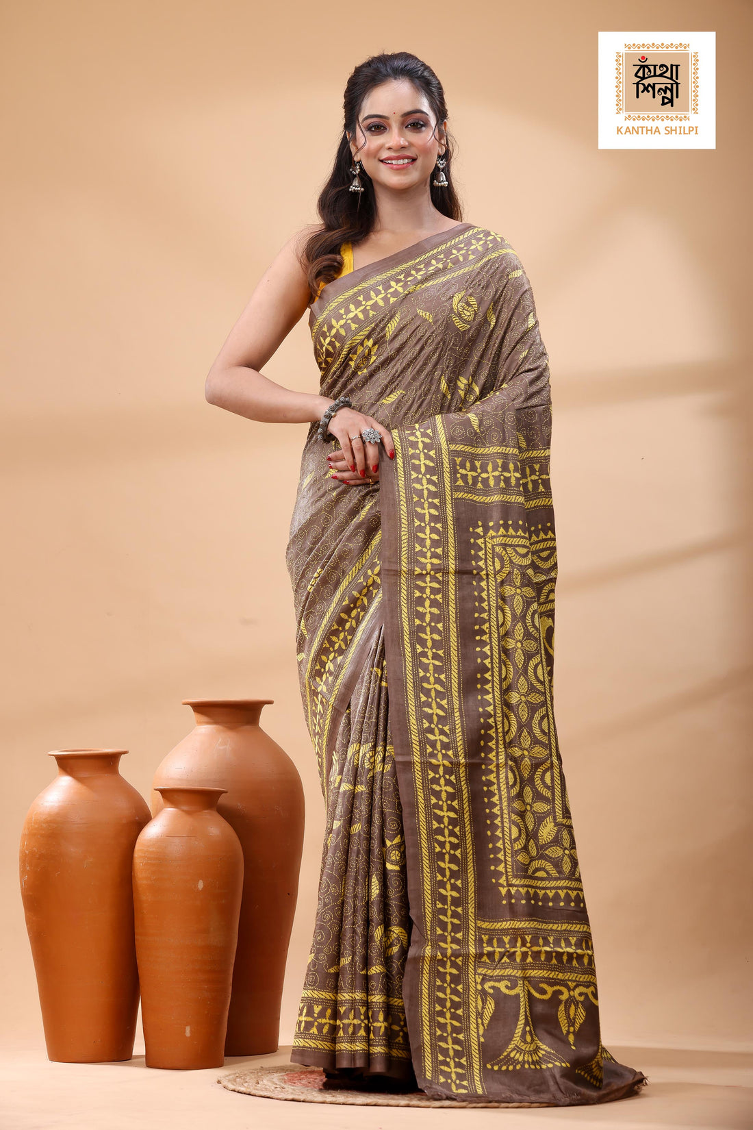 Pure Dye Gachi Tussar Yellow Color Thread Work Kantha Stitch Saree
