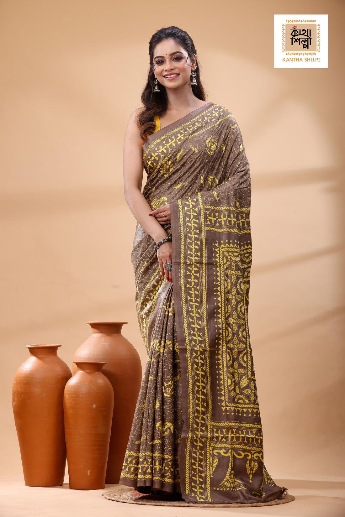 Pure Dye Gachi Tussar Yellow Color Thread Work Kantha Stitch Saree