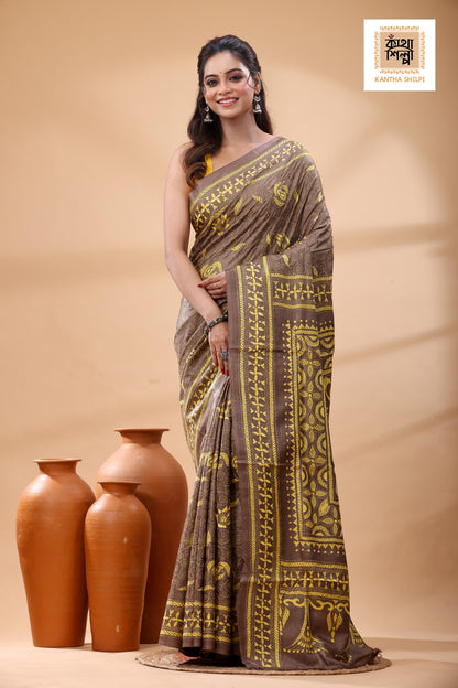 Pure Dye Gachi Tussar Yellow Color Thread Work Kantha Stitch Saree