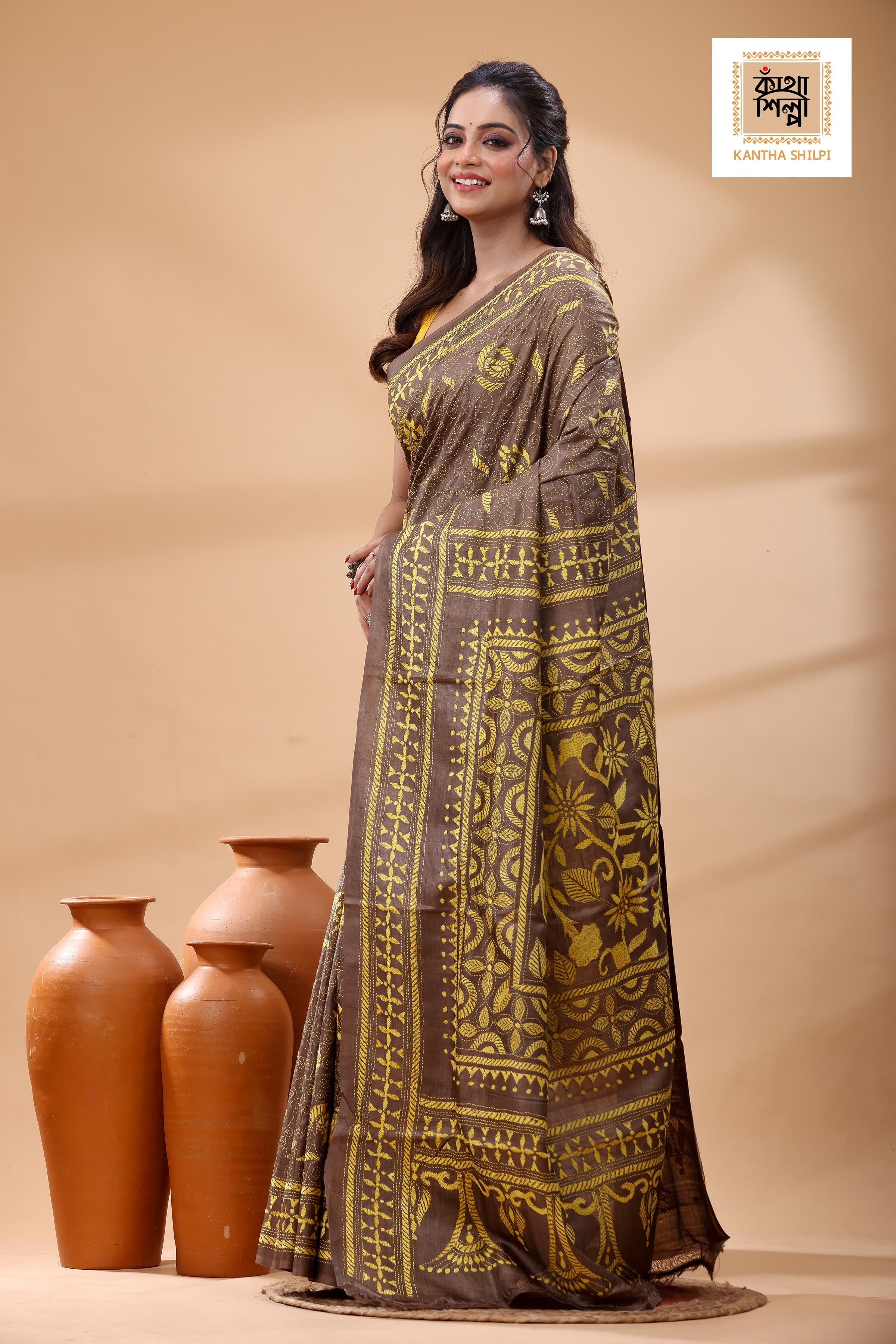 Pure Dye Gachi Tussar Yellow Color Thread Work Kantha Stitch Saree