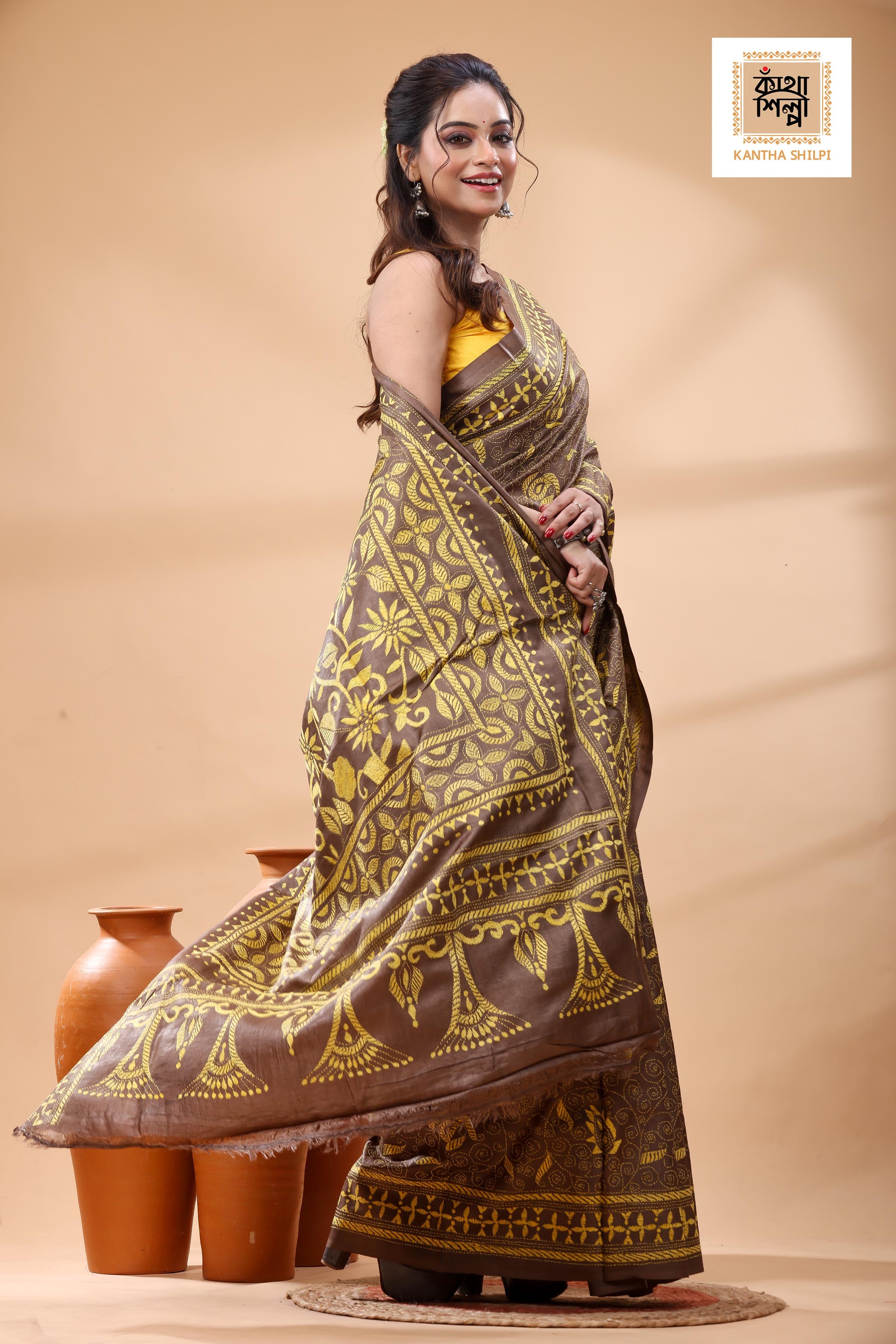 Pure Dye Gachi Tussar Yellow Color Thread Work Kantha Stitch Saree
