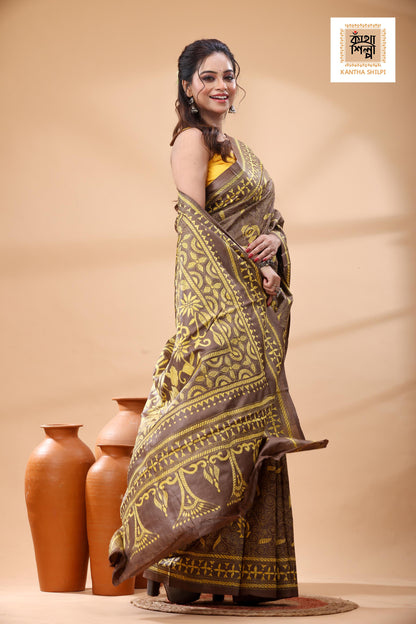 Pure Dye Gachi Tussar Yellow Color Thread Work Kantha Stitch Saree