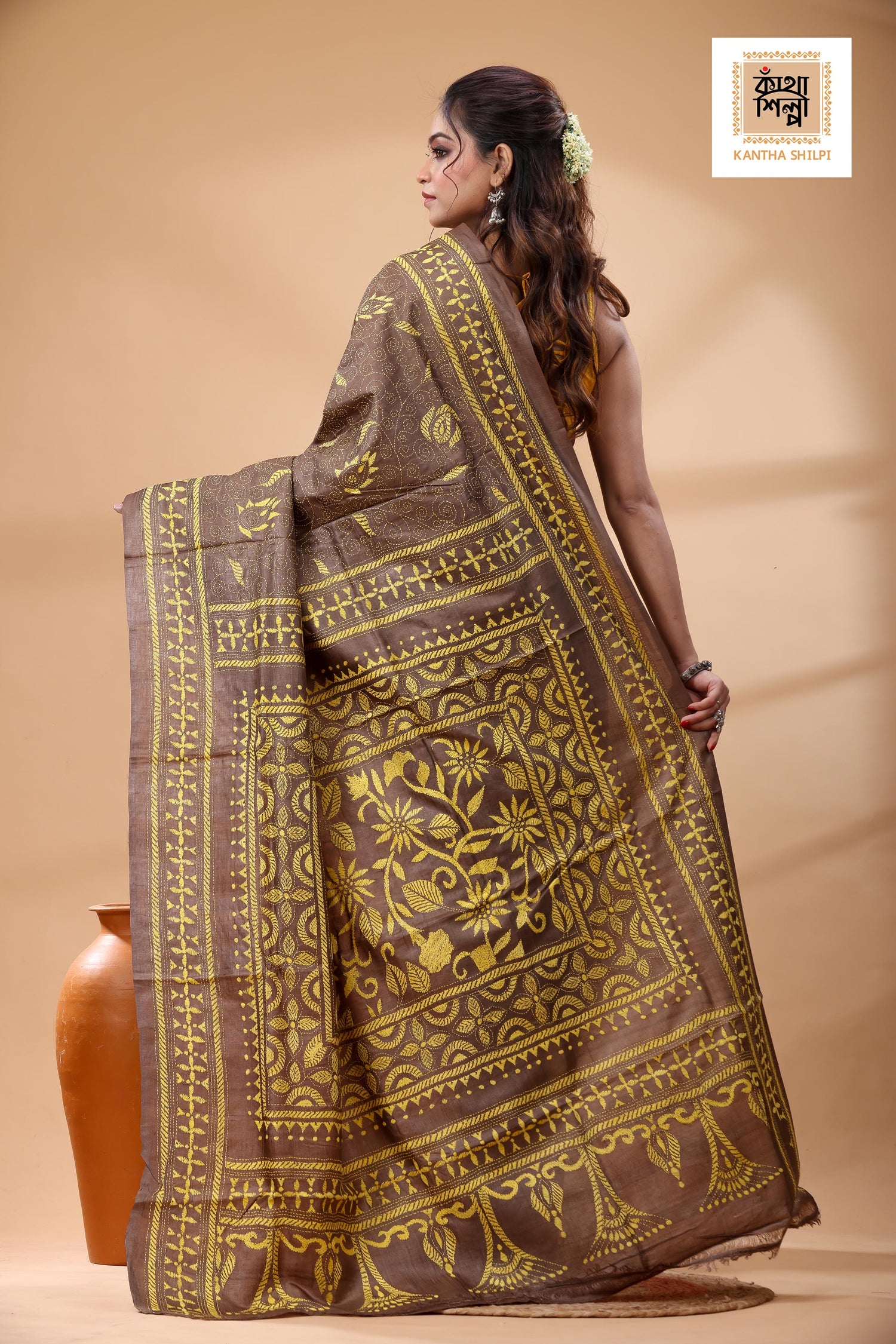 Pure Dye Gachi Tussar Yellow Color Thread Work Kantha Stitch Saree