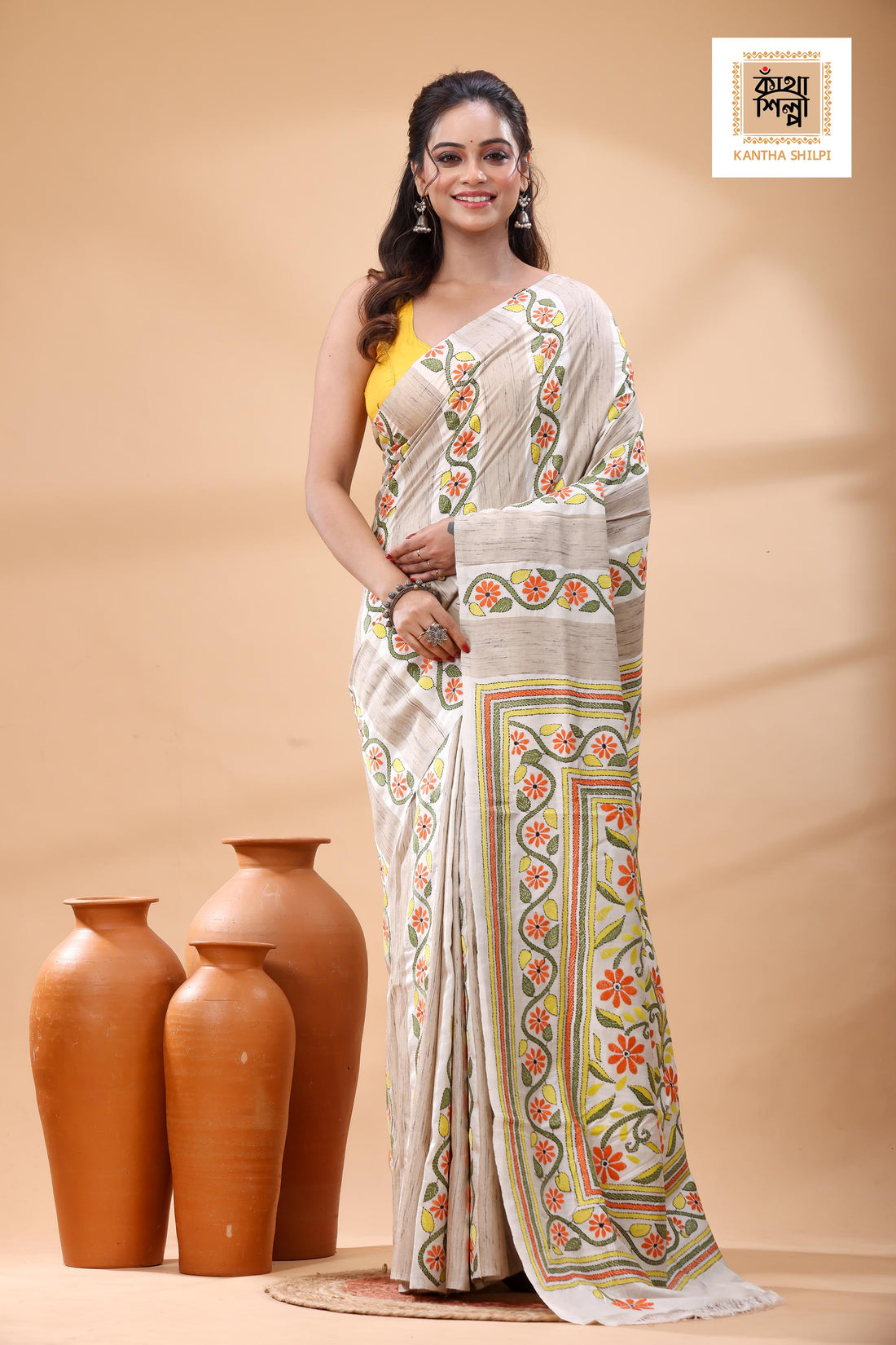 Bishnupuri (Katan) Silk Kantha Stitch Saree