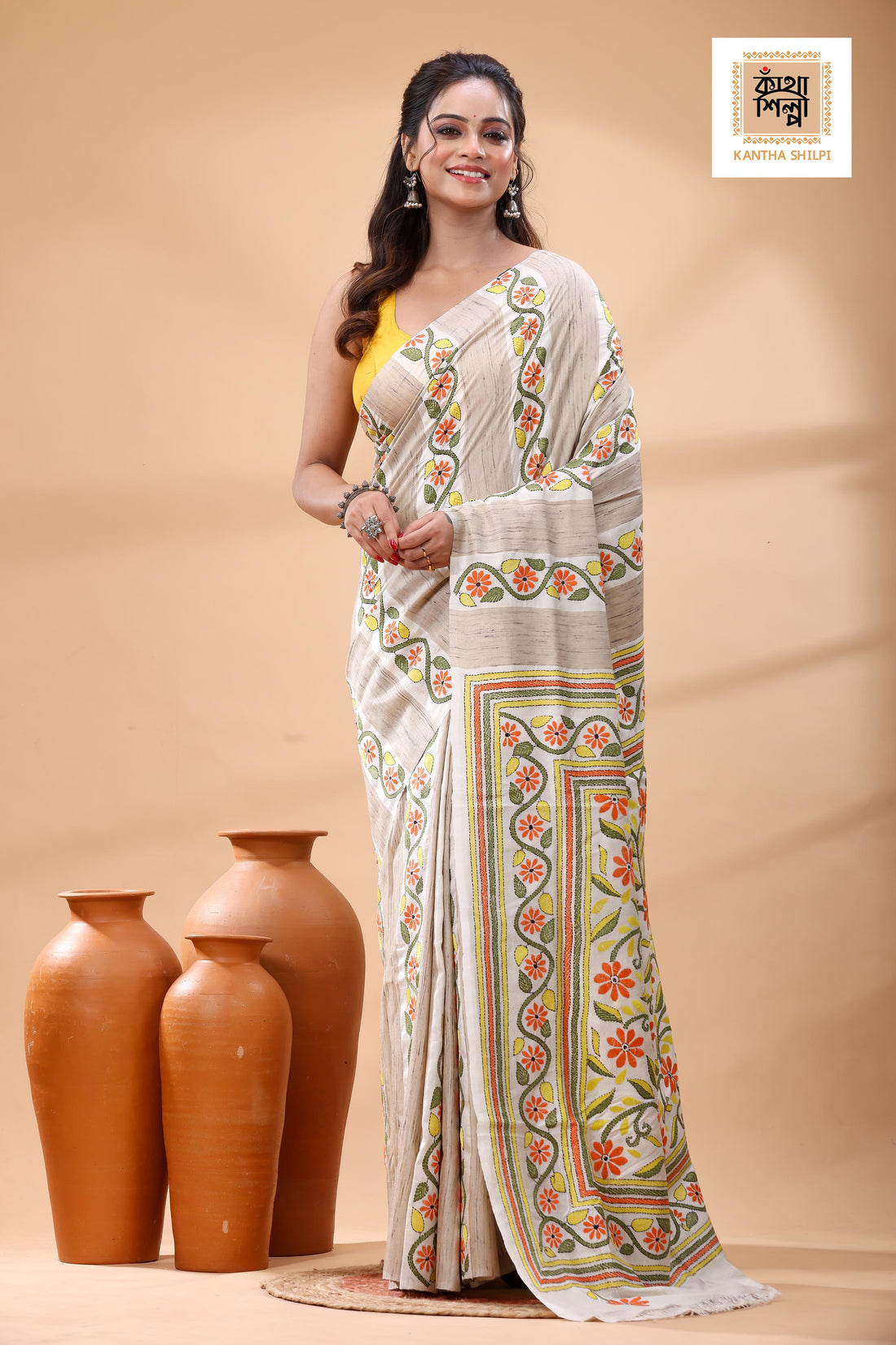 Bishnupuri (Katan) Silk Kantha Stitch Saree