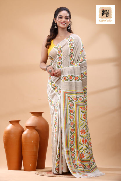Bishnupuri (Katan) Silk Kantha Stitch Saree