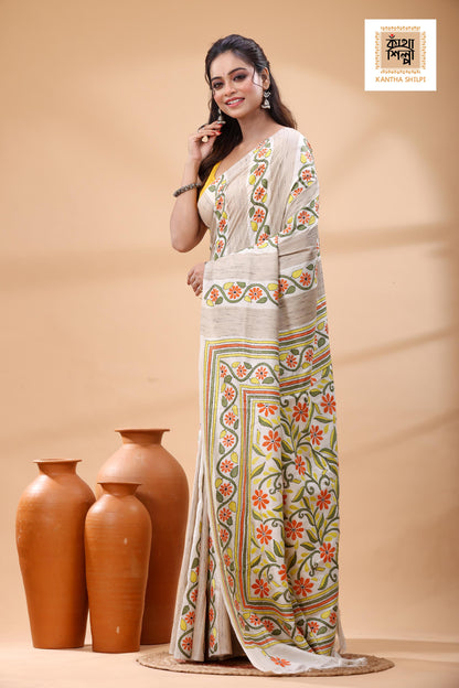 Bishnupuri (Katan) Silk Kantha Stitch Saree