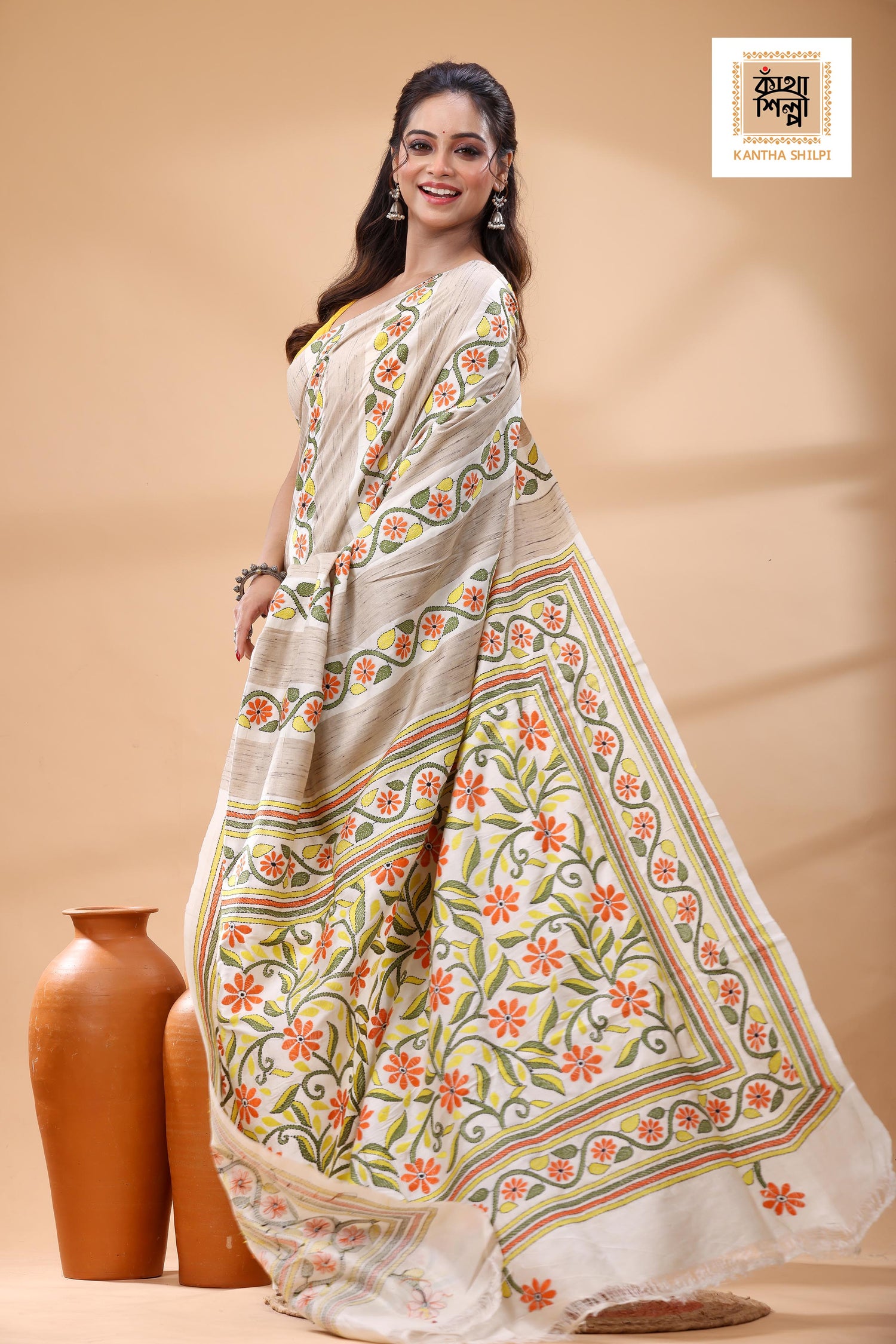 Bishnupuri (Katan) Silk Kantha Stitch Saree
