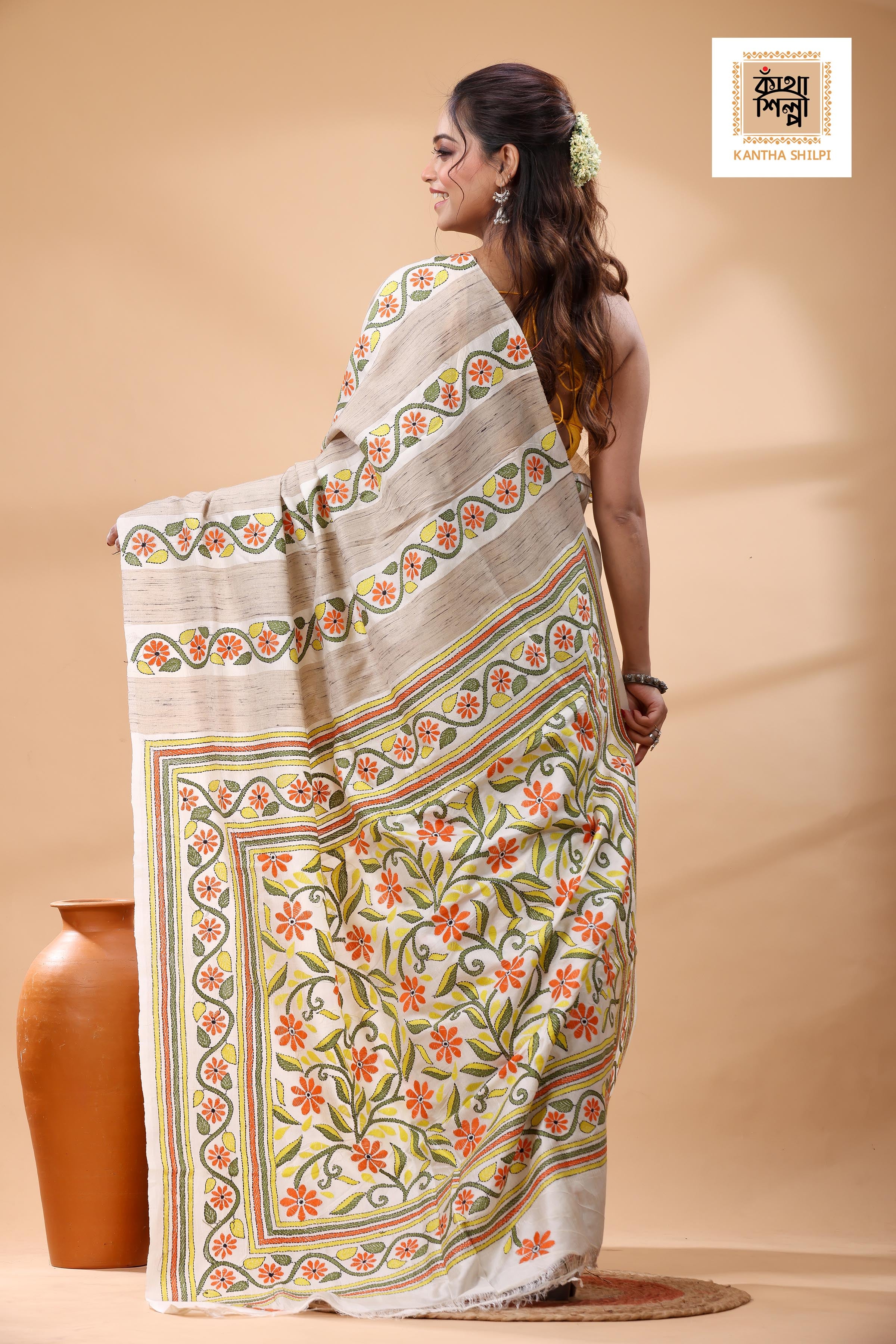 Bishnupuri (Katan) Silk Kantha Stitch Saree
