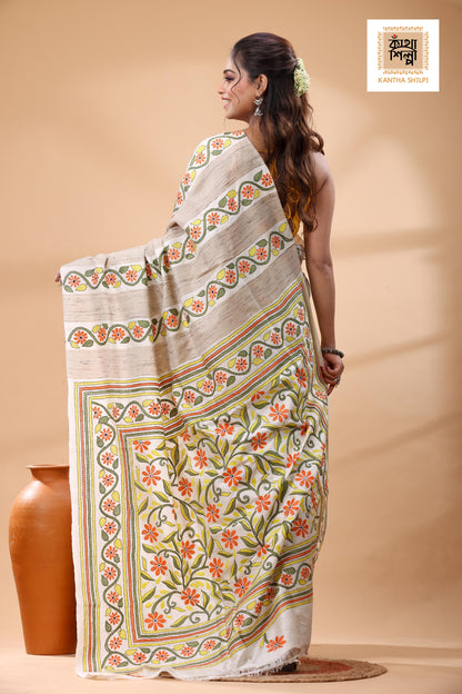 Bishnupuri (Katan) Silk Kantha Stitch Saree