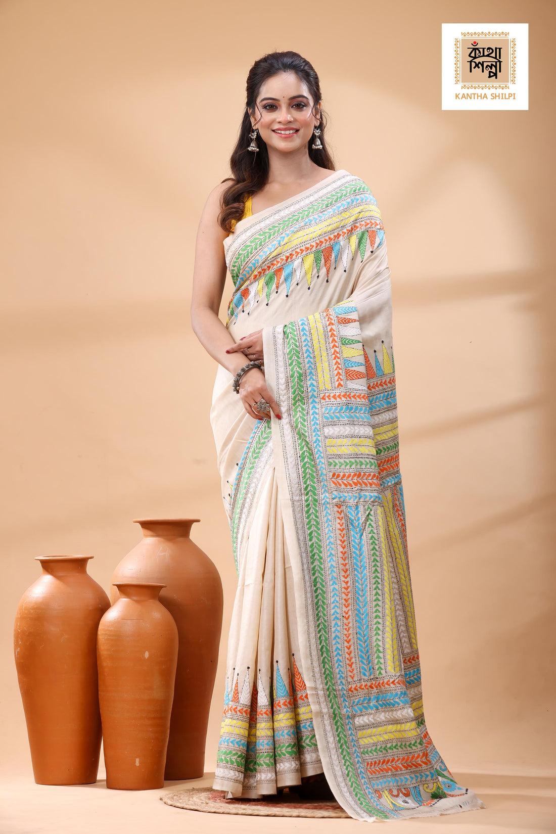 Pure Gachi Tussar Multicolor Thread Work Kantha Stitch Saree