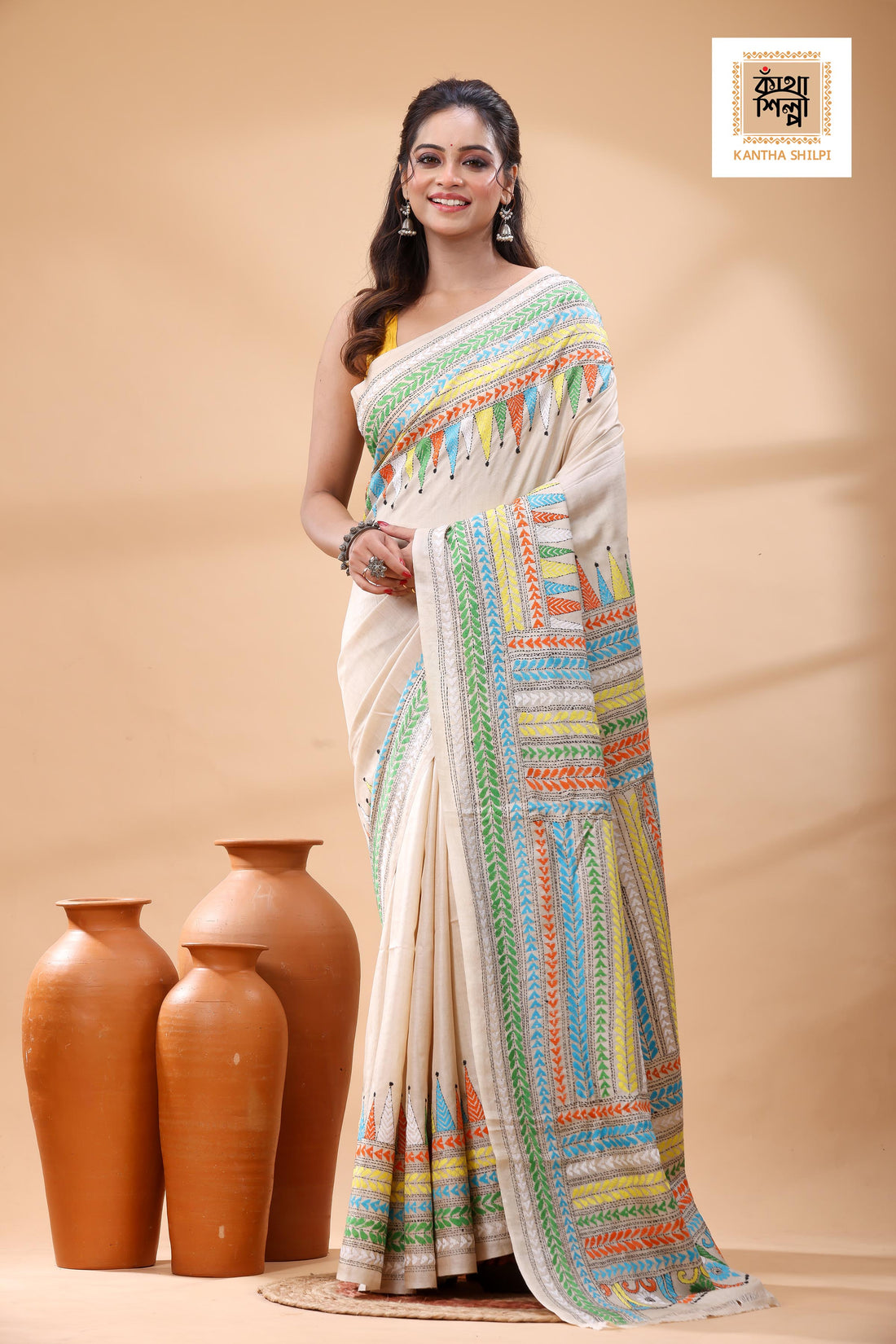 Pure Gachi Tussar Multicolor Thread Work Kantha Stitch Saree