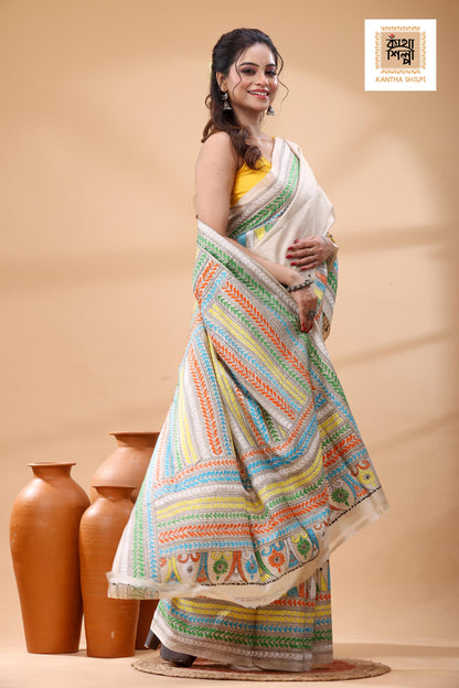 Pure Gachi Tussar Multicolor Thread Work Kantha Stitch Saree