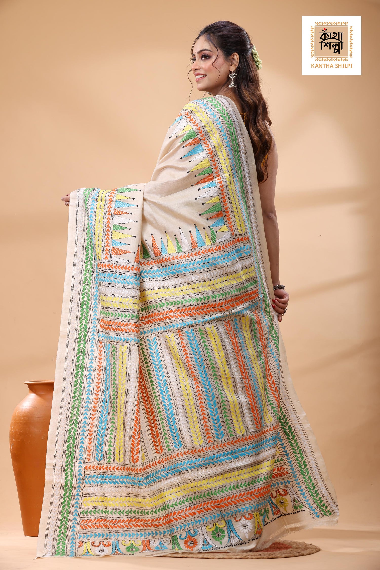 Pure Gachi Tussar Multicolor Thread Work Kantha Stitch Saree