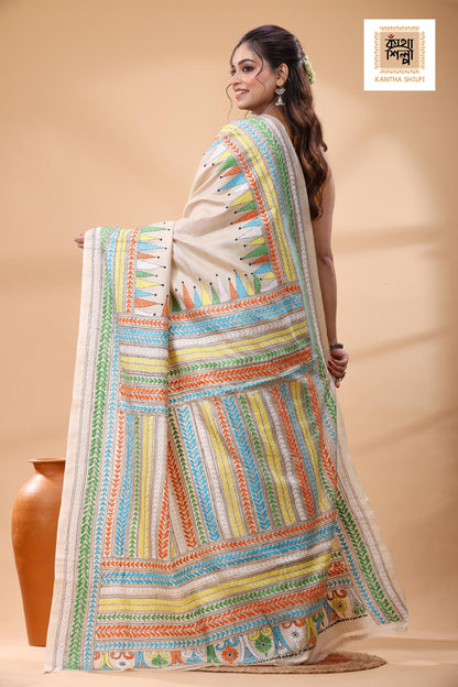 Pure Gachi Tussar Multicolor Thread Work Kantha Stitch Saree