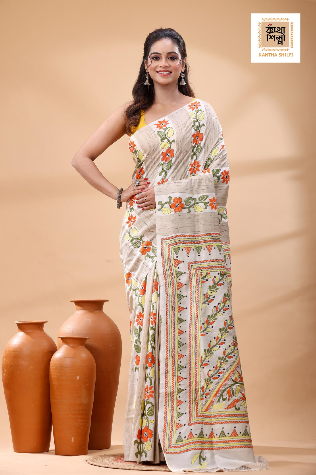 Bishnupuri (Katan) Silk Kantha Stitch Saree