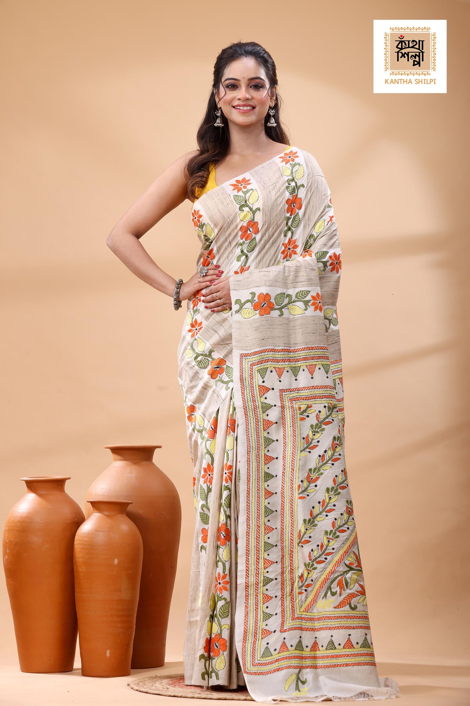 Bishnupuri (Katan) Silk Kantha Stitch Saree