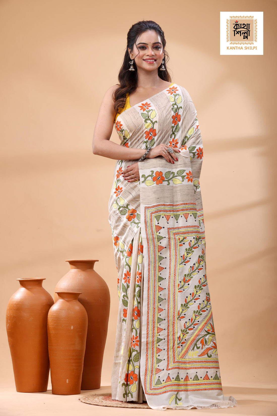 Bishnupuri (Katan) Silk Kantha Stitch Saree