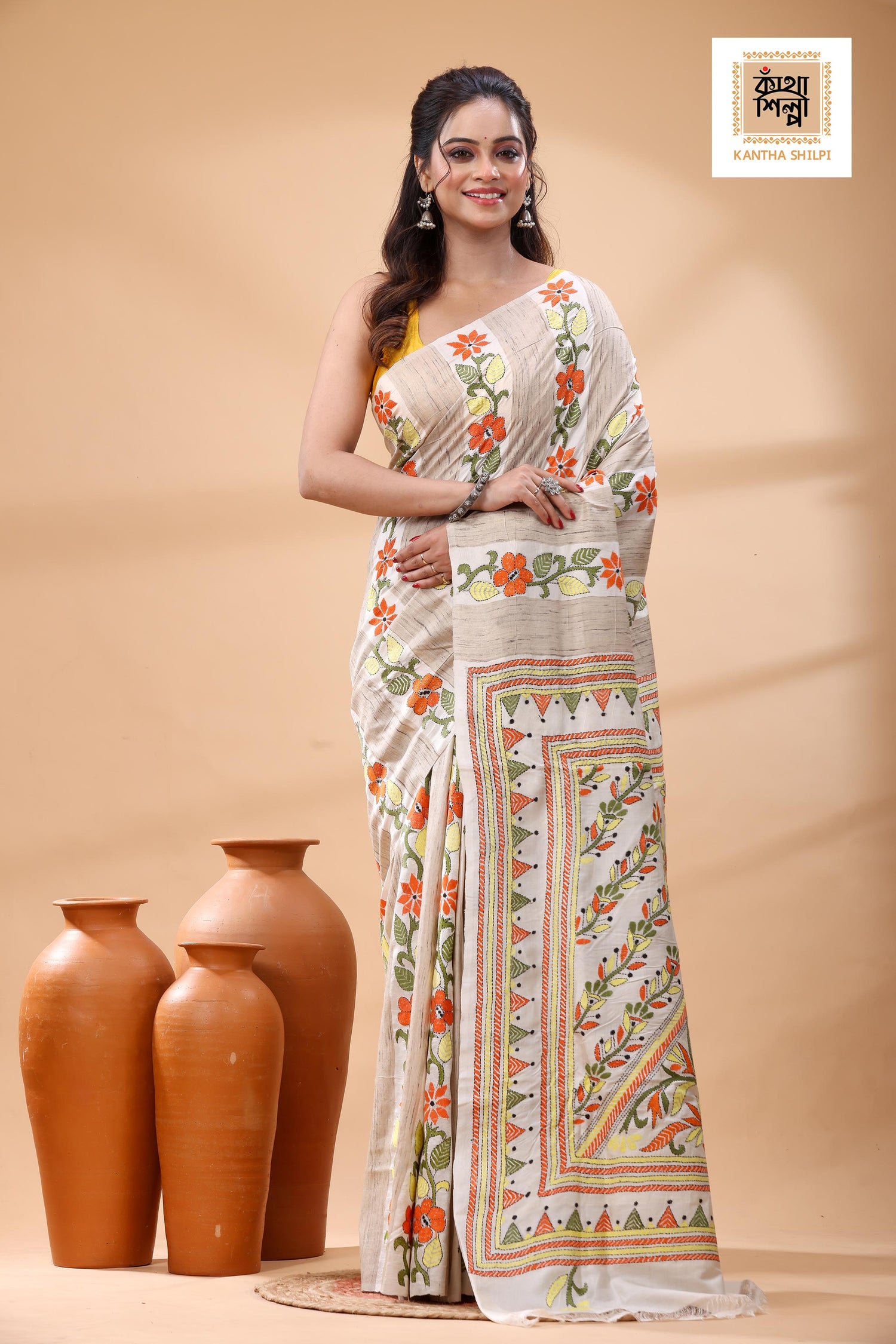 Bishnupuri (Katan) Silk Kantha Stitch Saree