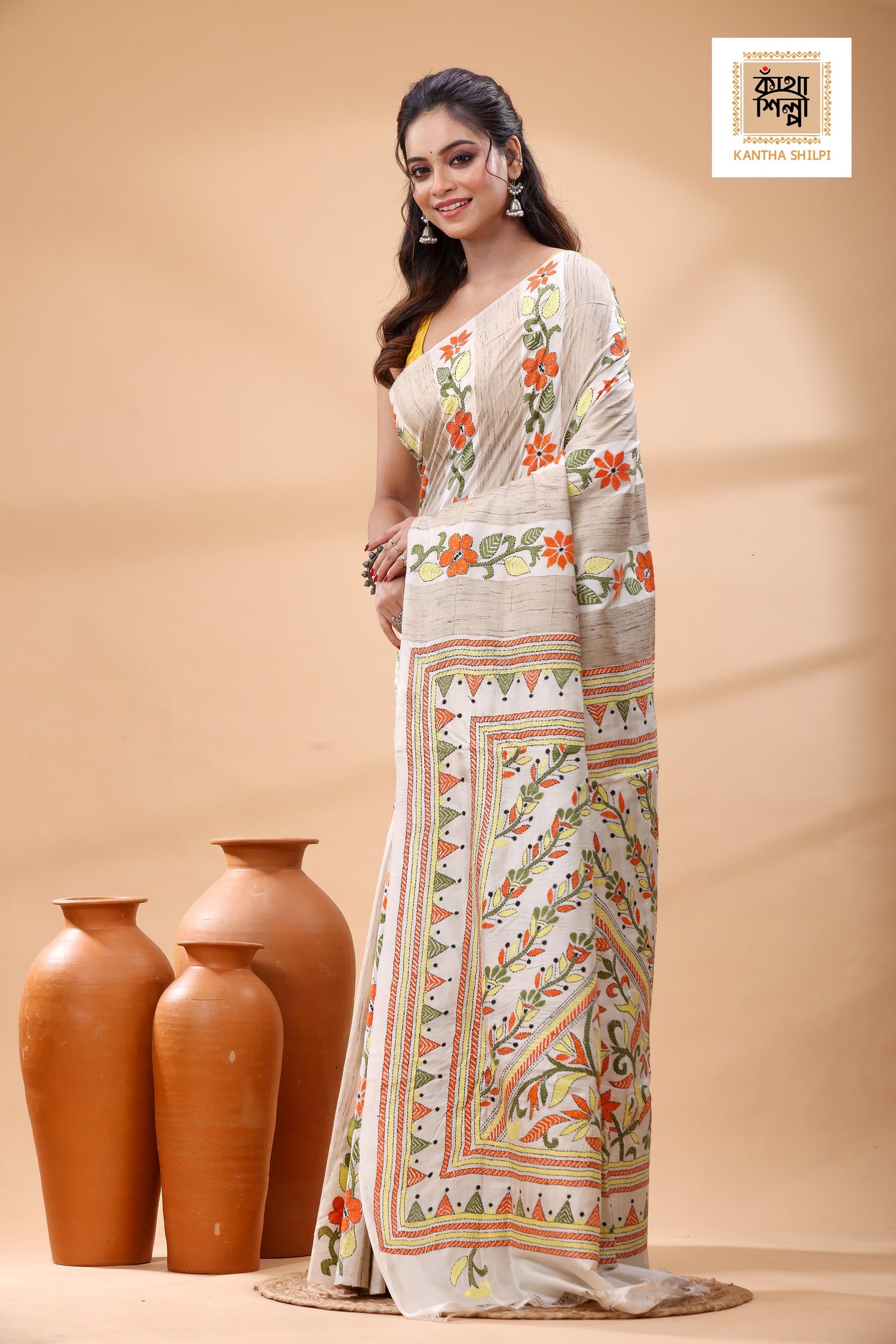 Bishnupuri (Katan) Silk Kantha Stitch Saree