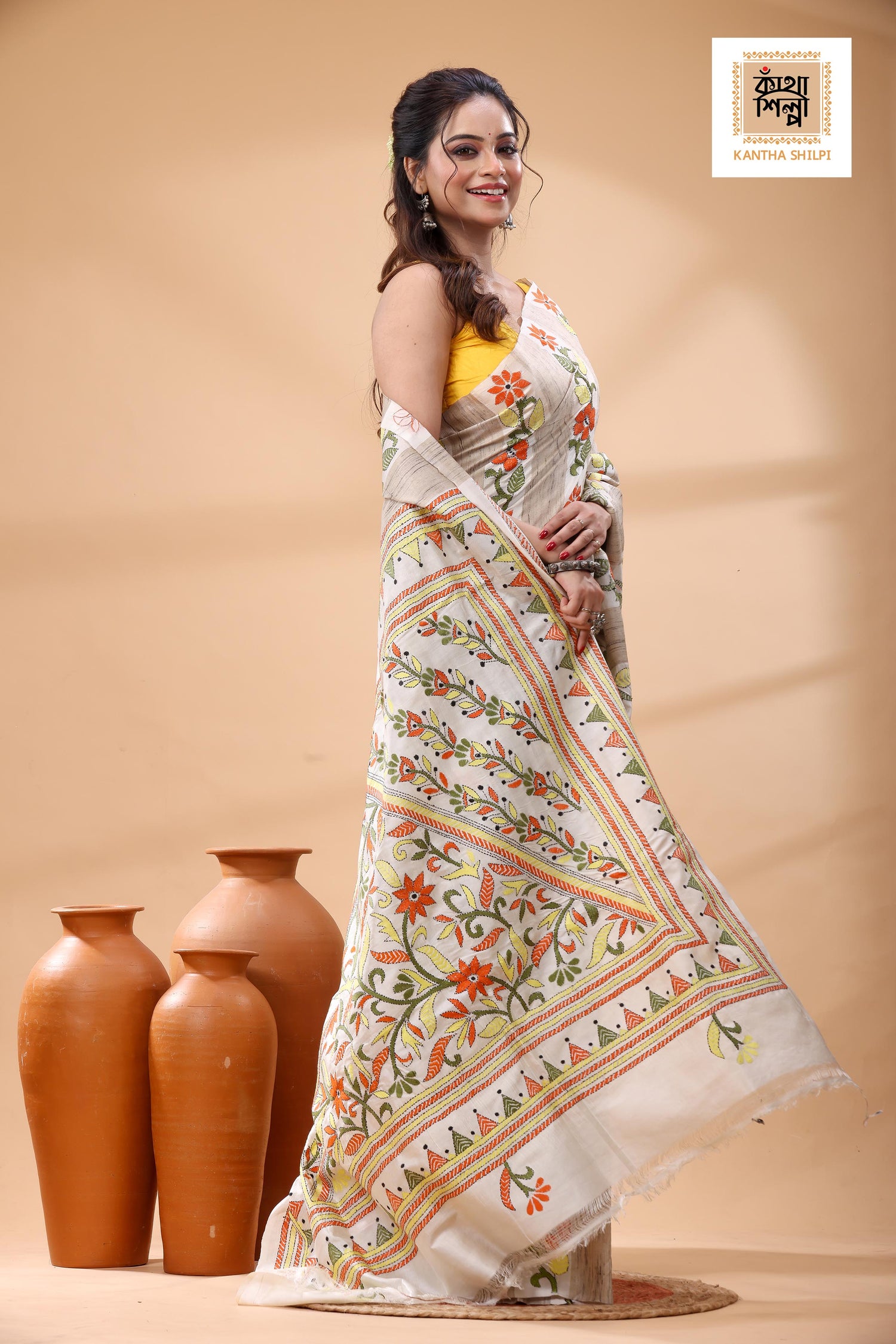 Bishnupuri (Katan) Silk Kantha Stitch Saree