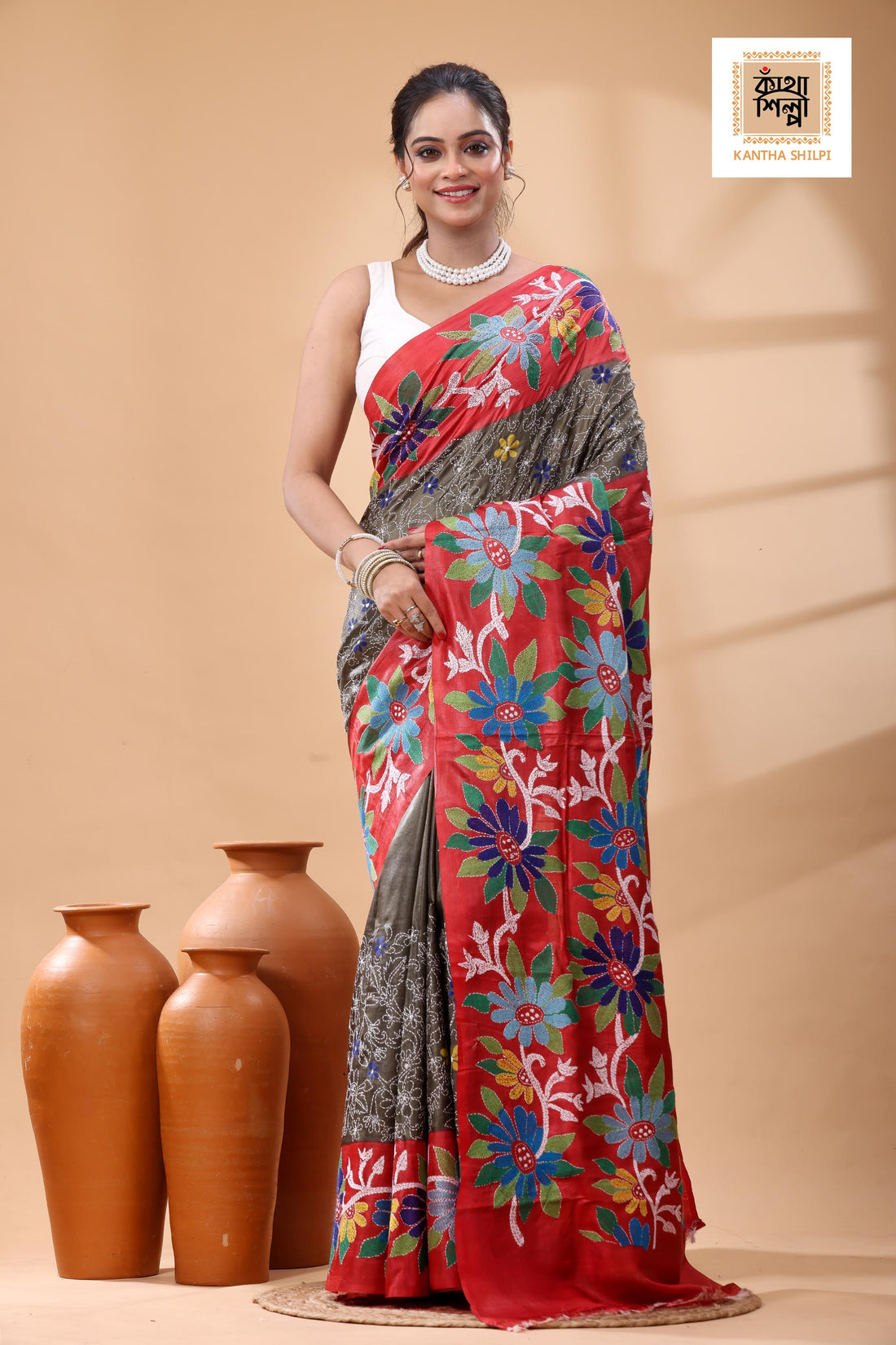 Pure Dye Gachi Tussar Multicolor Thread Work Kantha Stitch Saree
