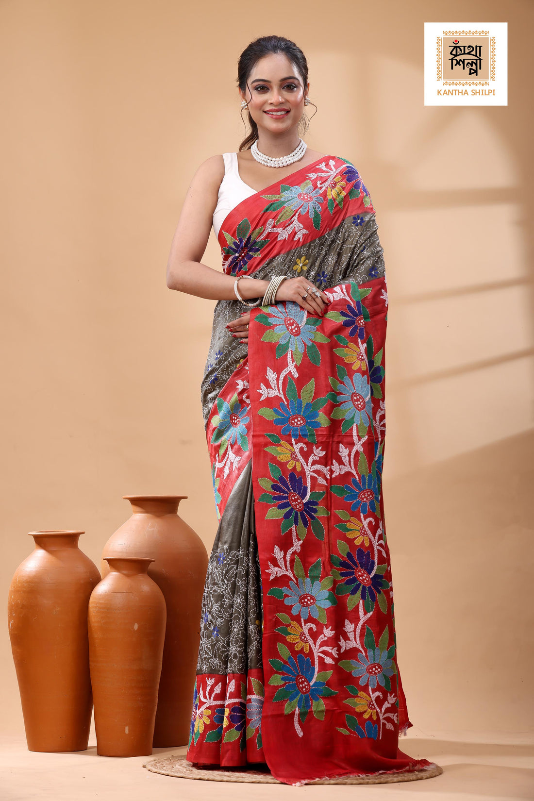 Pure Dye Gachi Tussar Multicolor Thread Work Kantha Stitch Saree