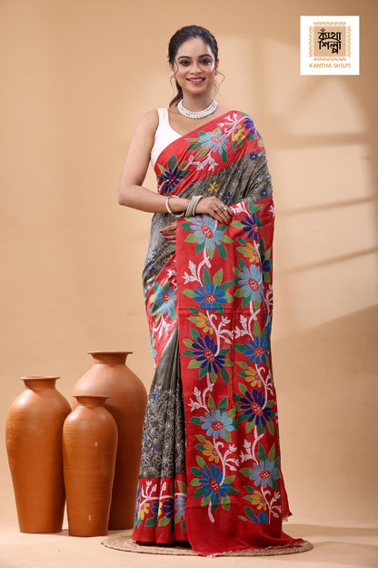 Pure Dye Gachi Tussar Multicolor Thread Work Kantha Stitch Saree