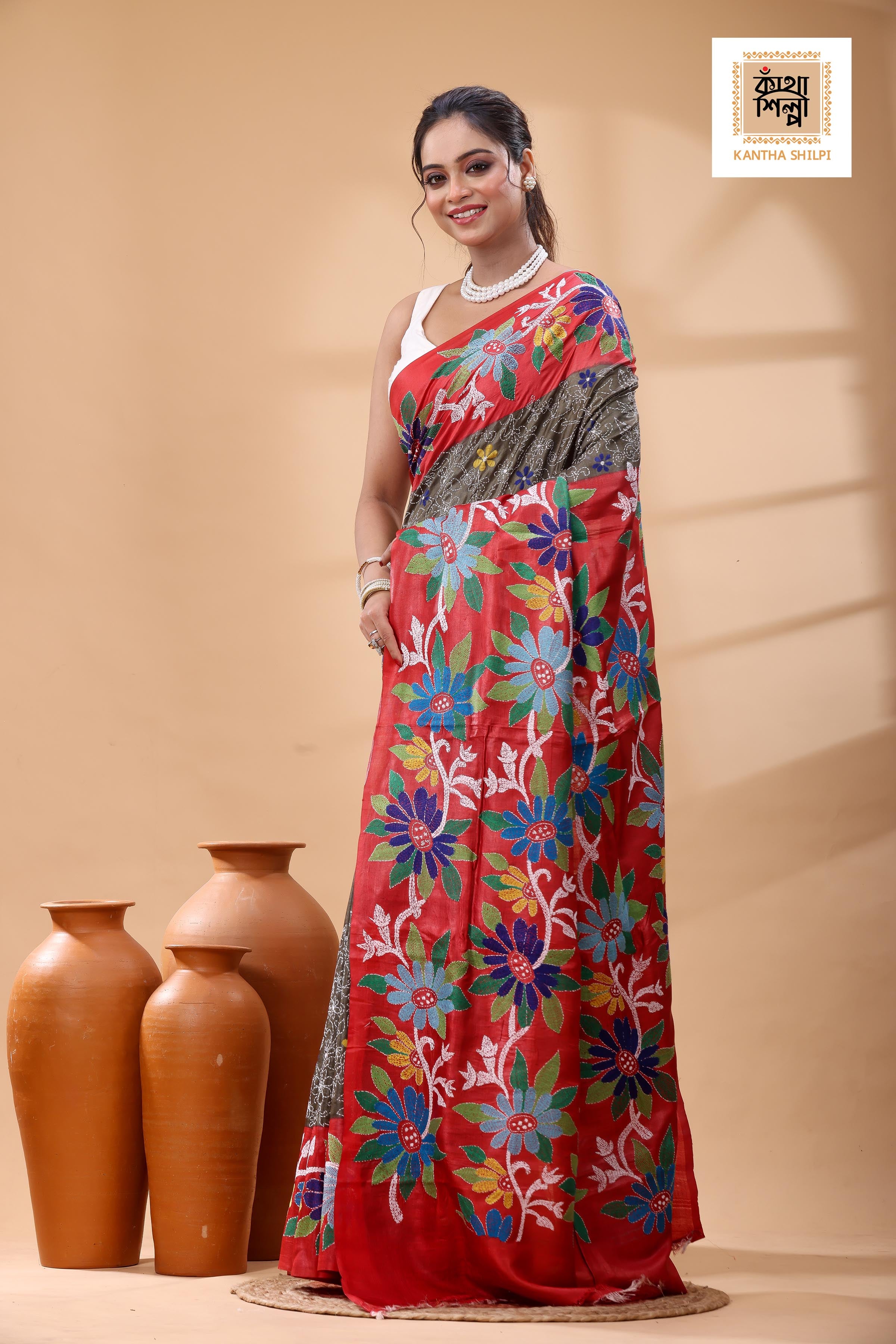 Pure Dye Gachi Tussar Multicolor Thread Work Kantha Stitch Saree