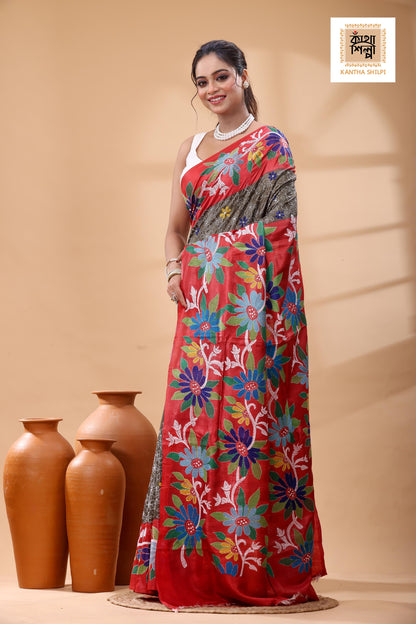 Pure Dye Gachi Tussar Multicolor Thread Work Kantha Stitch Saree