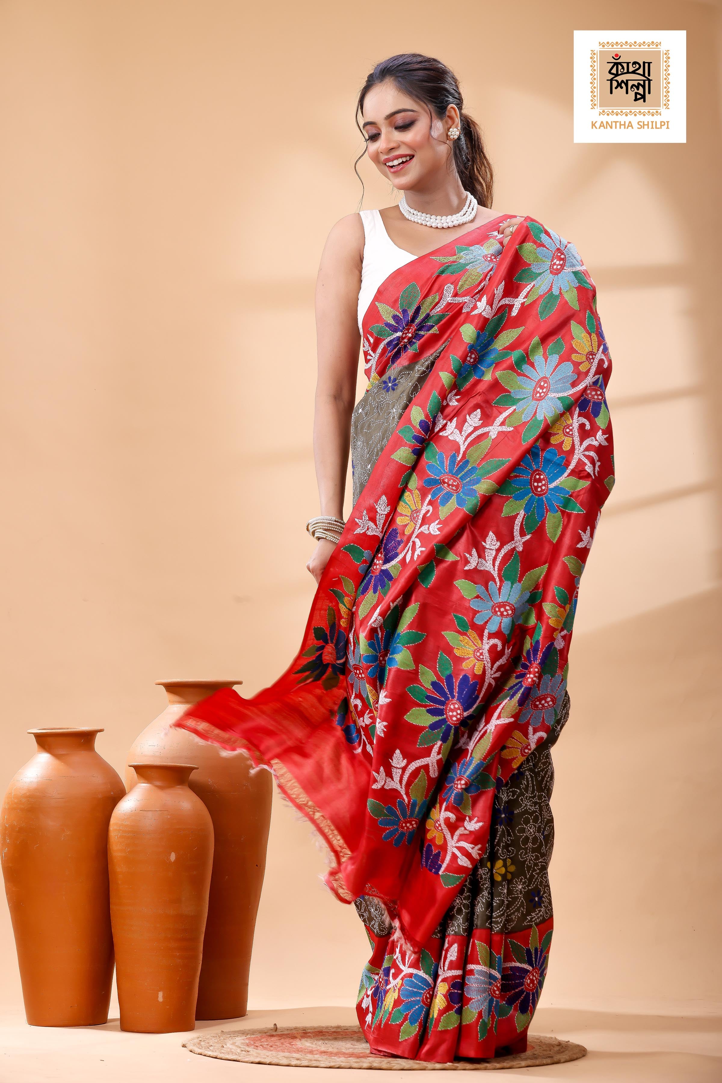Pure Dye Gachi Tussar Multicolor Thread Work Kantha Stitch Saree