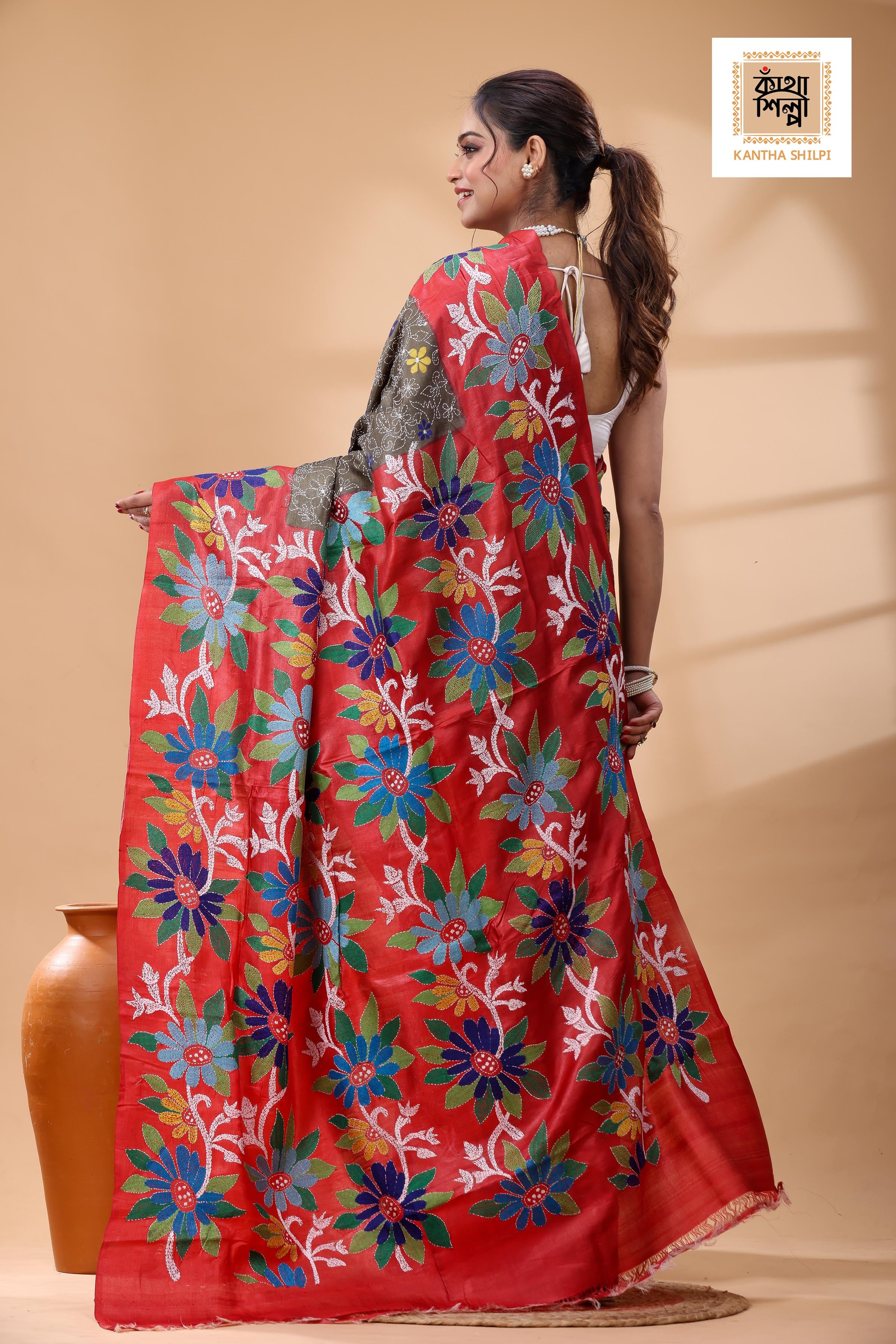 Pure Dye Gachi Tussar Multicolor Thread Work Kantha Stitch Saree