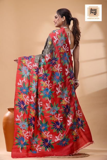 Pure Dye Gachi Tussar Multicolor Thread Work Kantha Stitch Saree