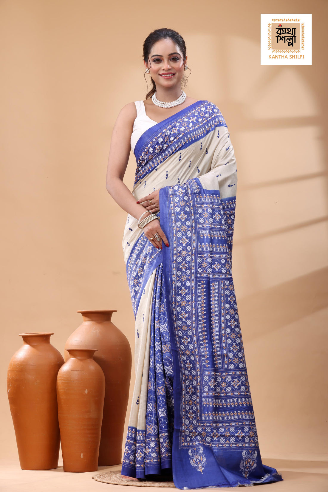 Pure Dye Gachi Tussar Multicolor Thread Work Kantha Stitch Saree