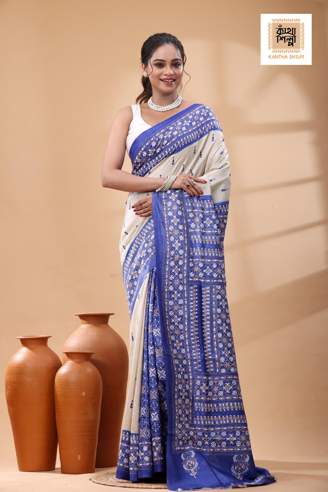 Pure Dye Gachi Tussar Multicolor Thread Work Kantha Stitch Saree