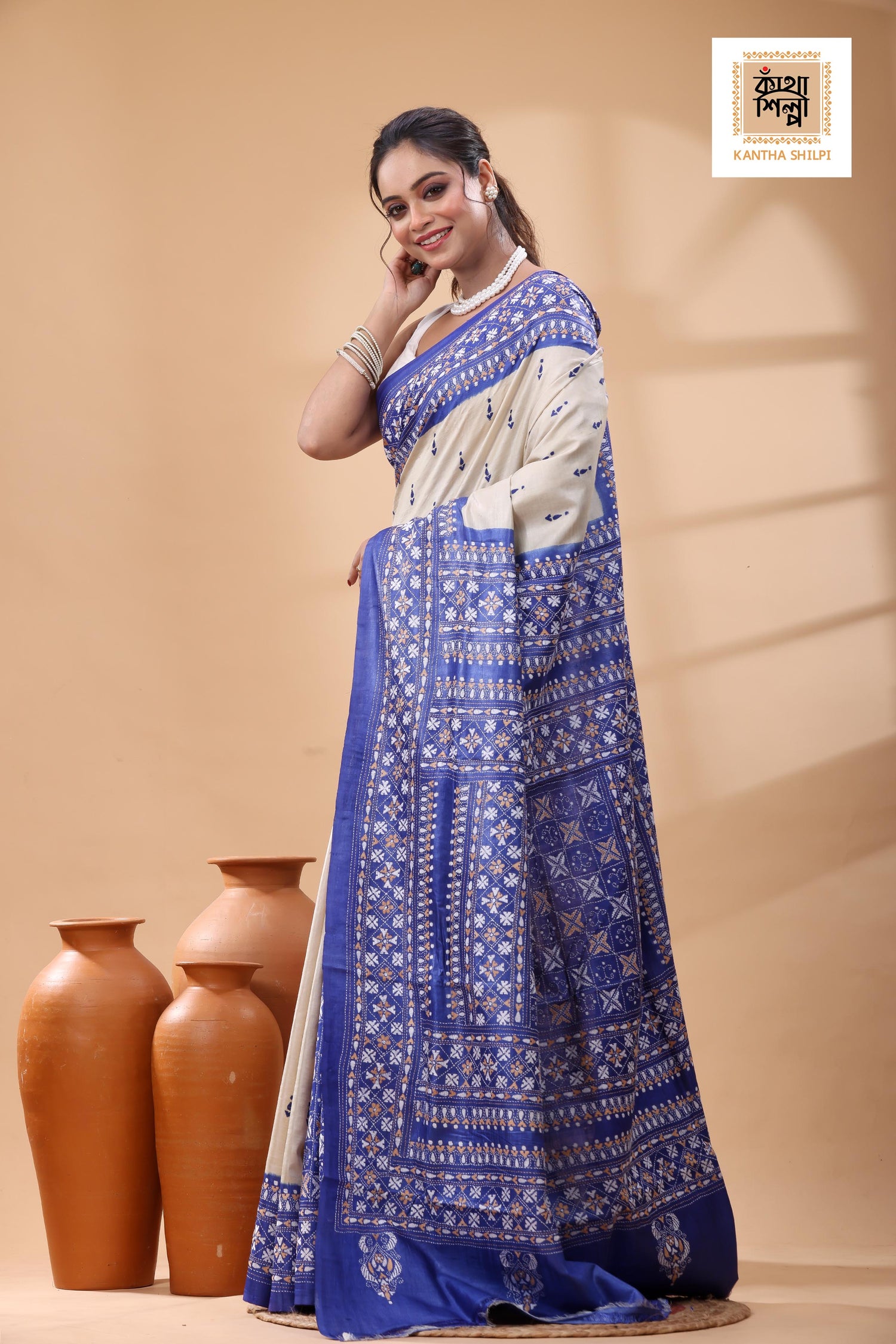 Pure Dye Gachi Tussar Multicolor Thread Work Kantha Stitch Saree